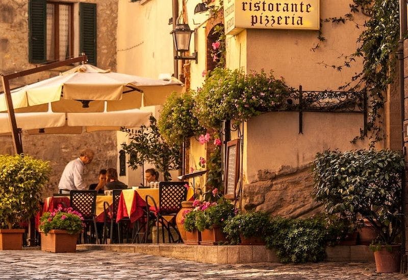 French town restaurant with cobblestone streets