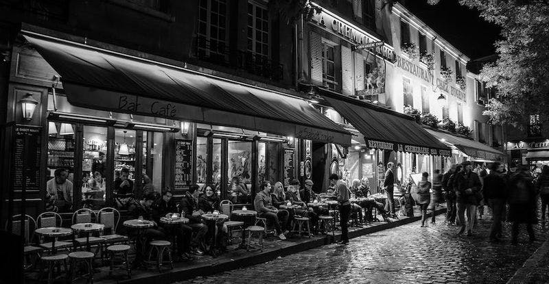 Montmartre neighborhood street in black and white